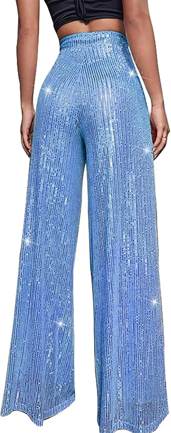 Women's Joggers Pants Pockets Women's High Waisted Sequin Loose Drape Wide Leg Pants Fashion Party Flared Trousers