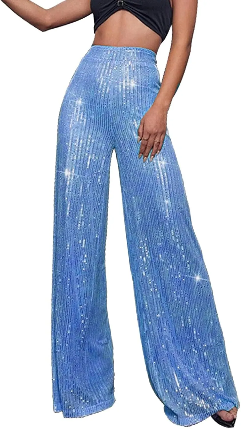 Women's Joggers Pants Pockets Women's High Waisted Sequin Loose Drape Wide Leg Pants Fashion Party Flared Trousers