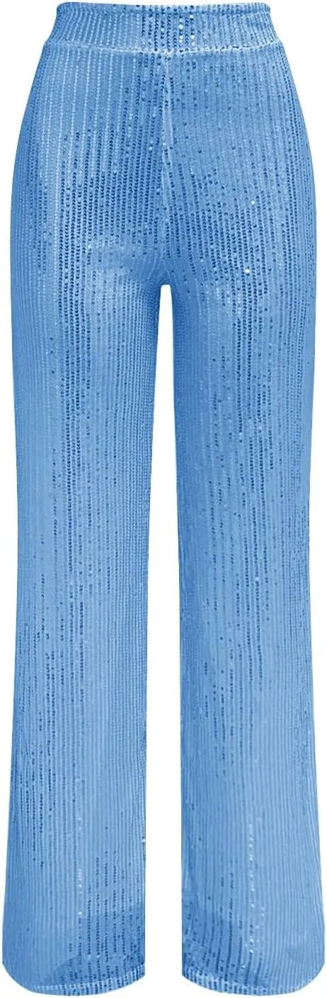 Women's Joggers Pants Pockets Women's High Waisted Sequin Loose Drape Wide Leg Pants Fashion Party Flared Trousers