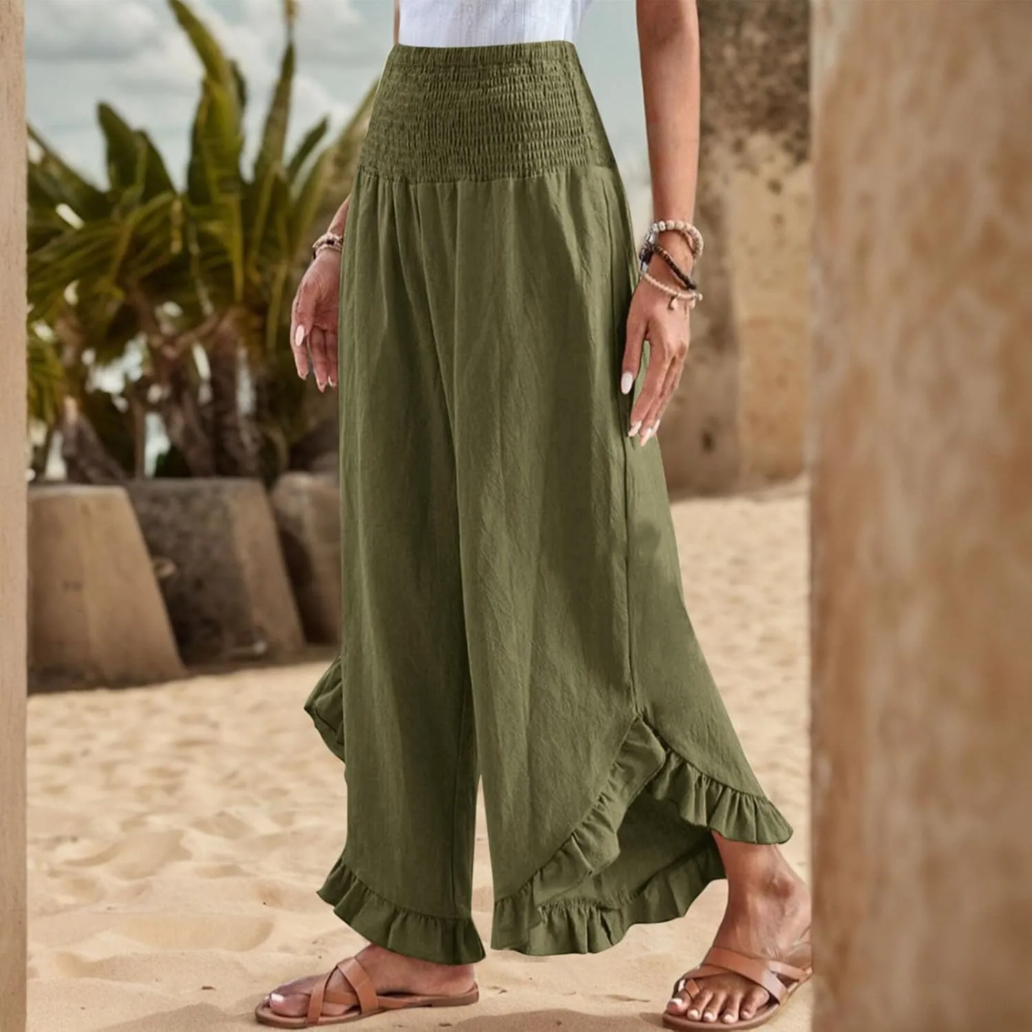 Womens Linen Cotton Palazzo Pants Summer Wide Leg High Waist Trouser Lounge Beach Vacation Flowy Pants with Pockets