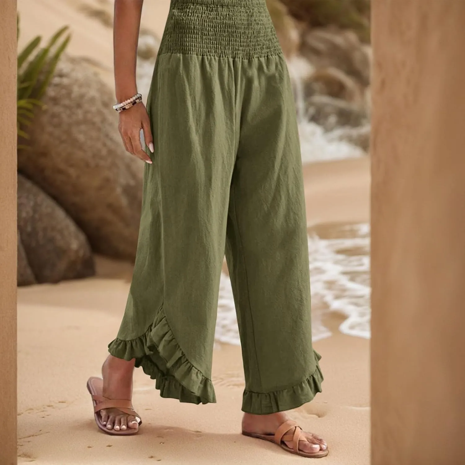Womens Linen Cotton Palazzo Pants Summer Wide Leg High Waist Trouser Lounge Beach Vacation Flowy Pants with Pockets