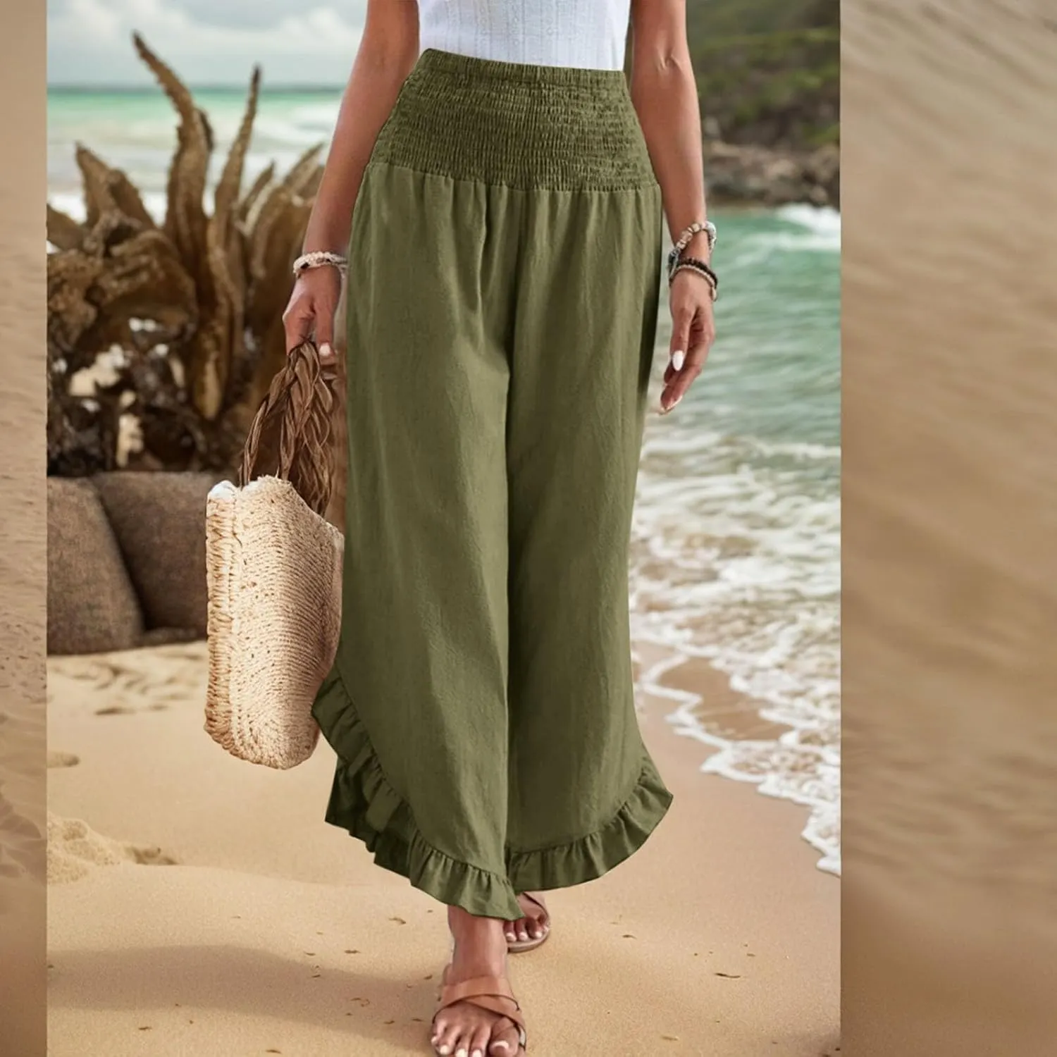 Womens Linen Cotton Palazzo Pants Summer Wide Leg High Waist Trouser Lounge Beach Vacation Flowy Pants with Pockets