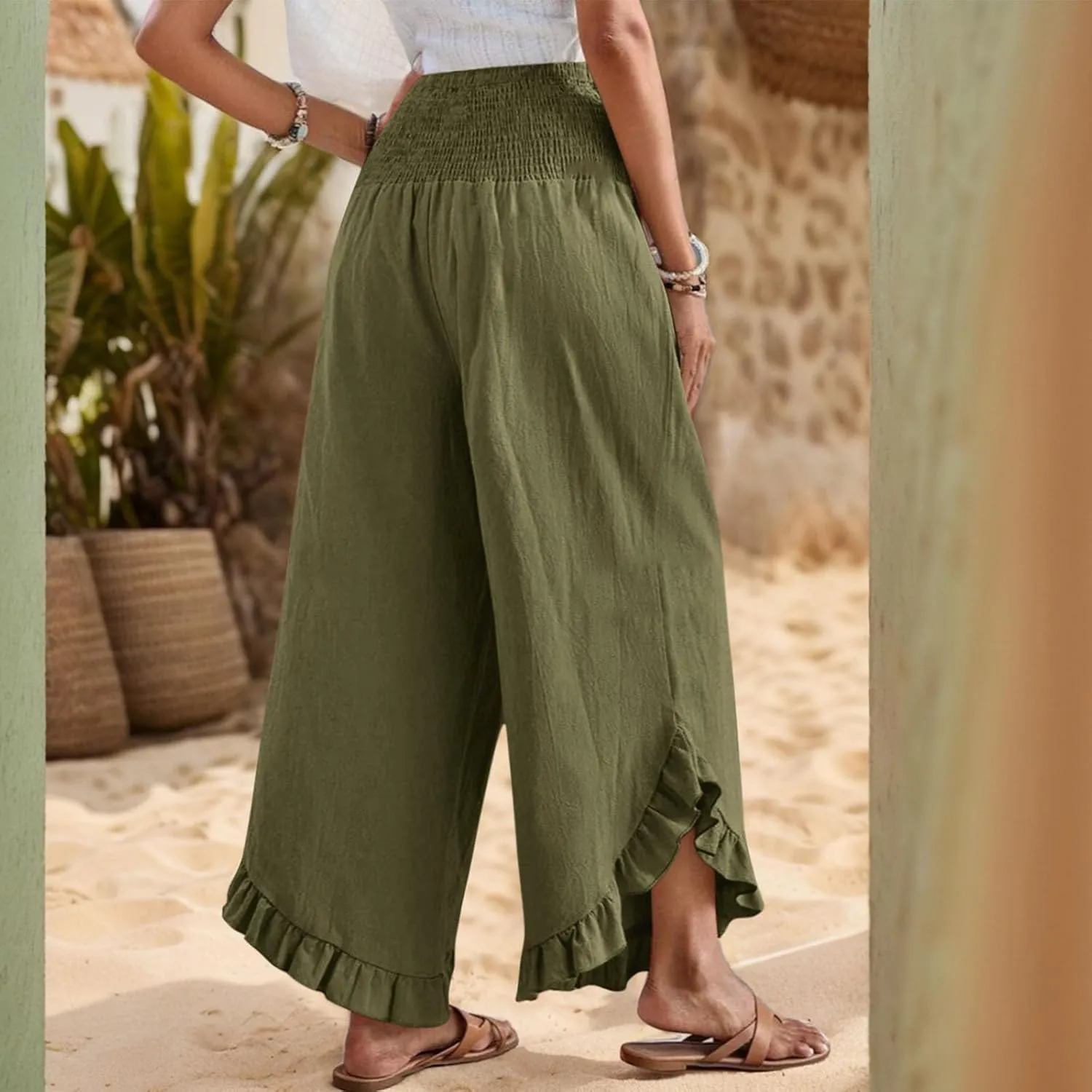 Womens Linen Cotton Palazzo Pants Summer Wide Leg High Waist Trouser Lounge Beach Vacation Flowy Pants with Pockets