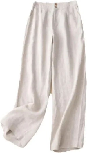 Women's Linen High Waist Wide Leg Pants  Loose Casual Straight Pants Button-Up Summer Trousers