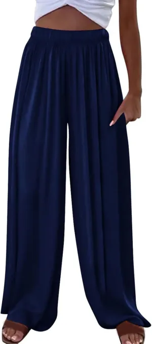 Women's Linen Palazzo Pants 2025 Casual Flowy Trousers Summer Lightweight Wide Leg Pants Baggy Lounge Pants with Pocket