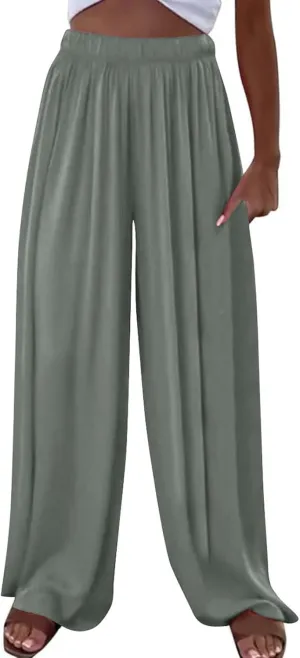 Women's Linen Palazzo Pants 2025 Casual Flowy Trousers Summer Lightweight Wide Leg Pants Baggy Lounge Pants with Pocket