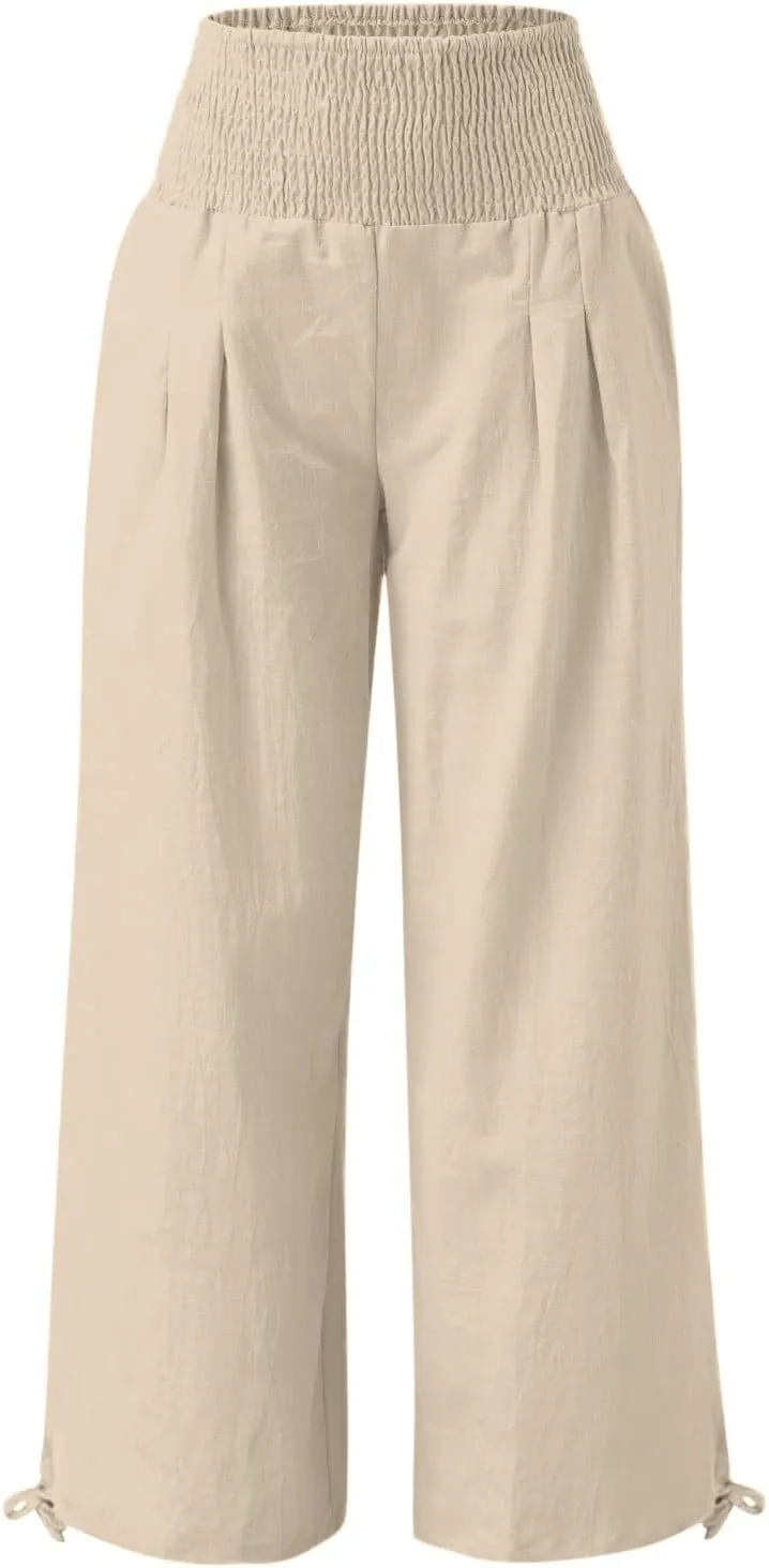 Womens Linen Palazzo Pants Casual Summer Wide Leg High Waist Slacks Plus Size Boho Beach Travel Trousers with Pockets