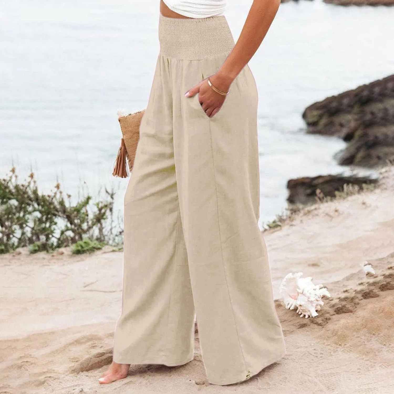 Womens Linen Palazzo Pants Casual Summer Wide Leg High Waist Slacks Plus Size Boho Beach Travel Trousers with Pockets