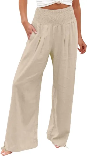 Womens Linen Palazzo Pants Casual Summer Wide Leg High Waist Slacks Plus Size Boho Beach Travel Trousers with Pockets