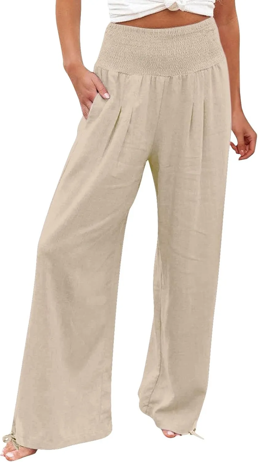 Womens Linen Palazzo Pants Casual Summer Wide Leg High Waist Slacks Plus Size Boho Beach Travel Trousers with Pockets