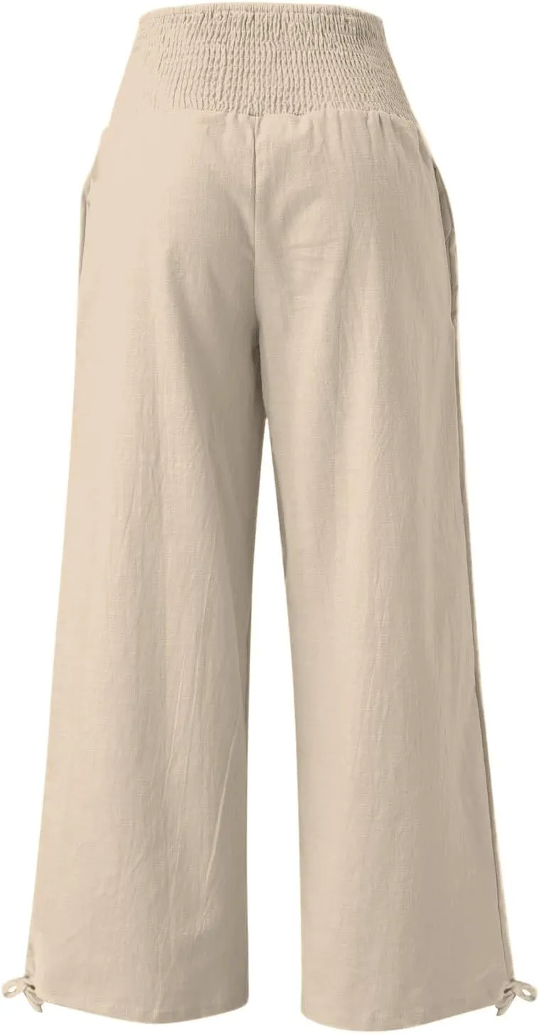 Womens Linen Palazzo Pants Casual Summer Wide Leg High Waist Slacks Plus Size Boho Beach Travel Trousers with Pockets
