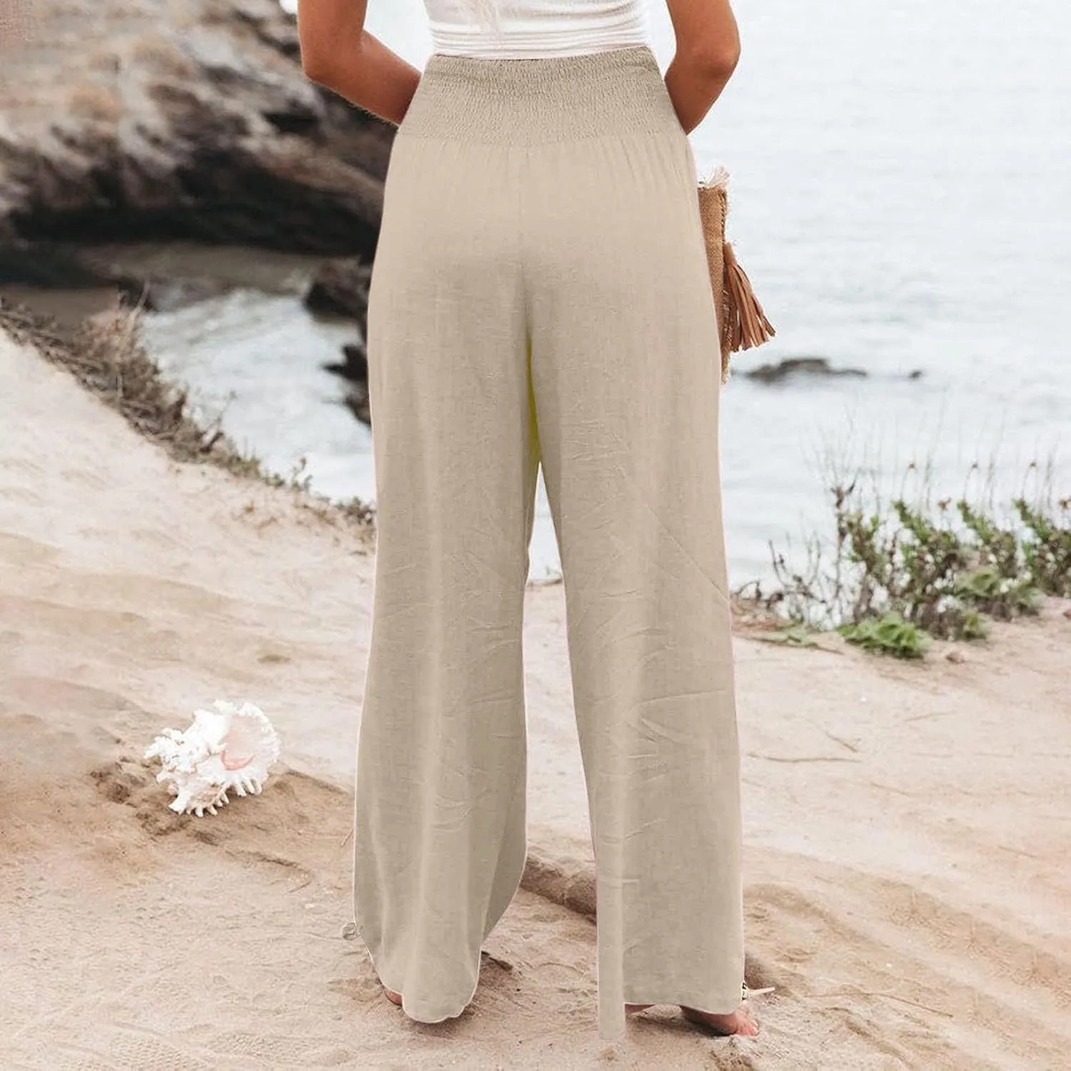 Womens Linen Palazzo Pants Casual Summer Wide Leg High Waist Slacks Plus Size Boho Beach Travel Trousers with Pockets