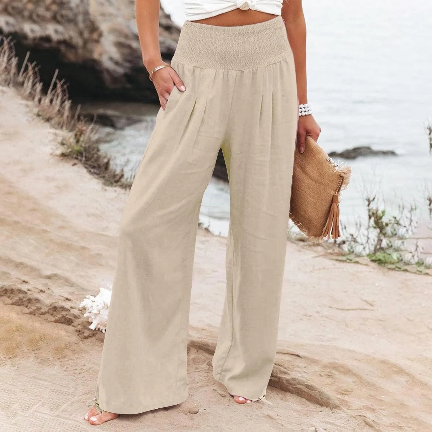Womens Linen Palazzo Pants Casual Summer Wide Leg High Waist Slacks Plus Size Boho Beach Travel Trousers with Pockets