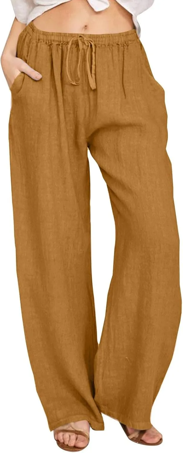 Womens Linen Pants 2025 Summer Beach Lounge Wide Leg Trousers Drawstring High Waisted Palazzo Pants with Pockets