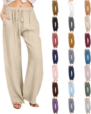 Womens Linen Pants 2025 Summer Beach Lounge Wide Leg Trousers Drawstring High Waisted Palazzo Pants with Pockets