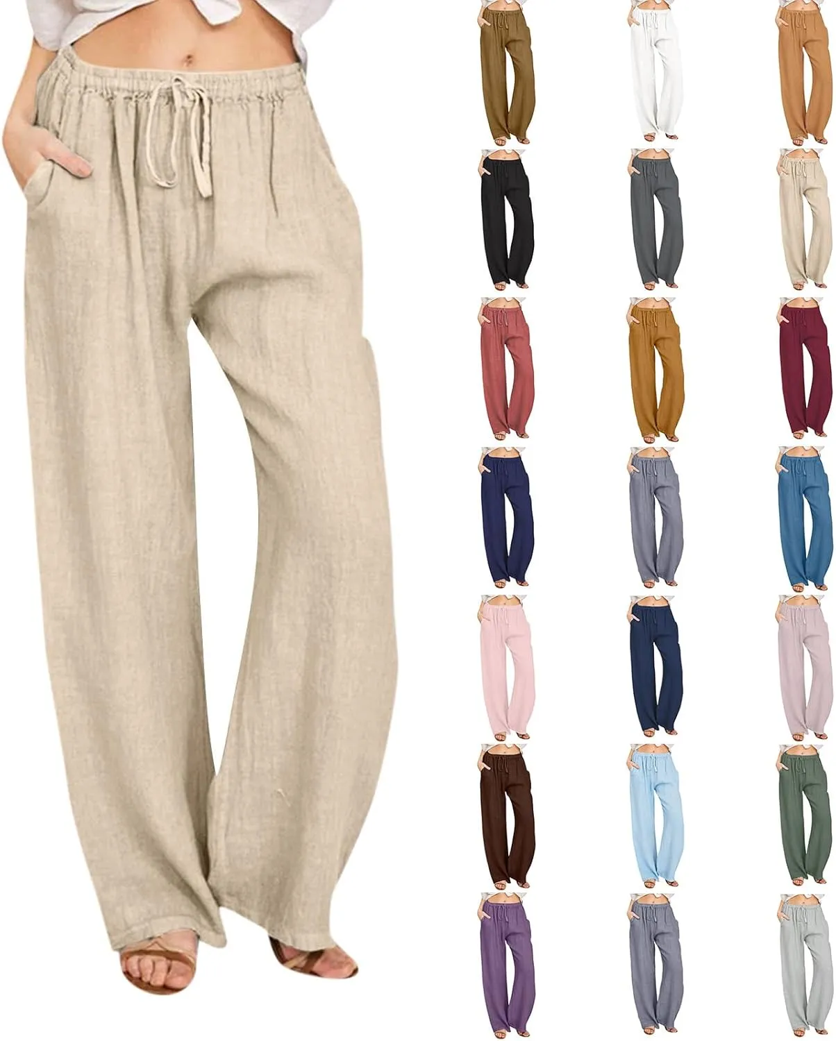Womens Linen Pants 2025 Summer Beach Lounge Wide Leg Trousers Drawstring High Waisted Palazzo Pants with Pockets