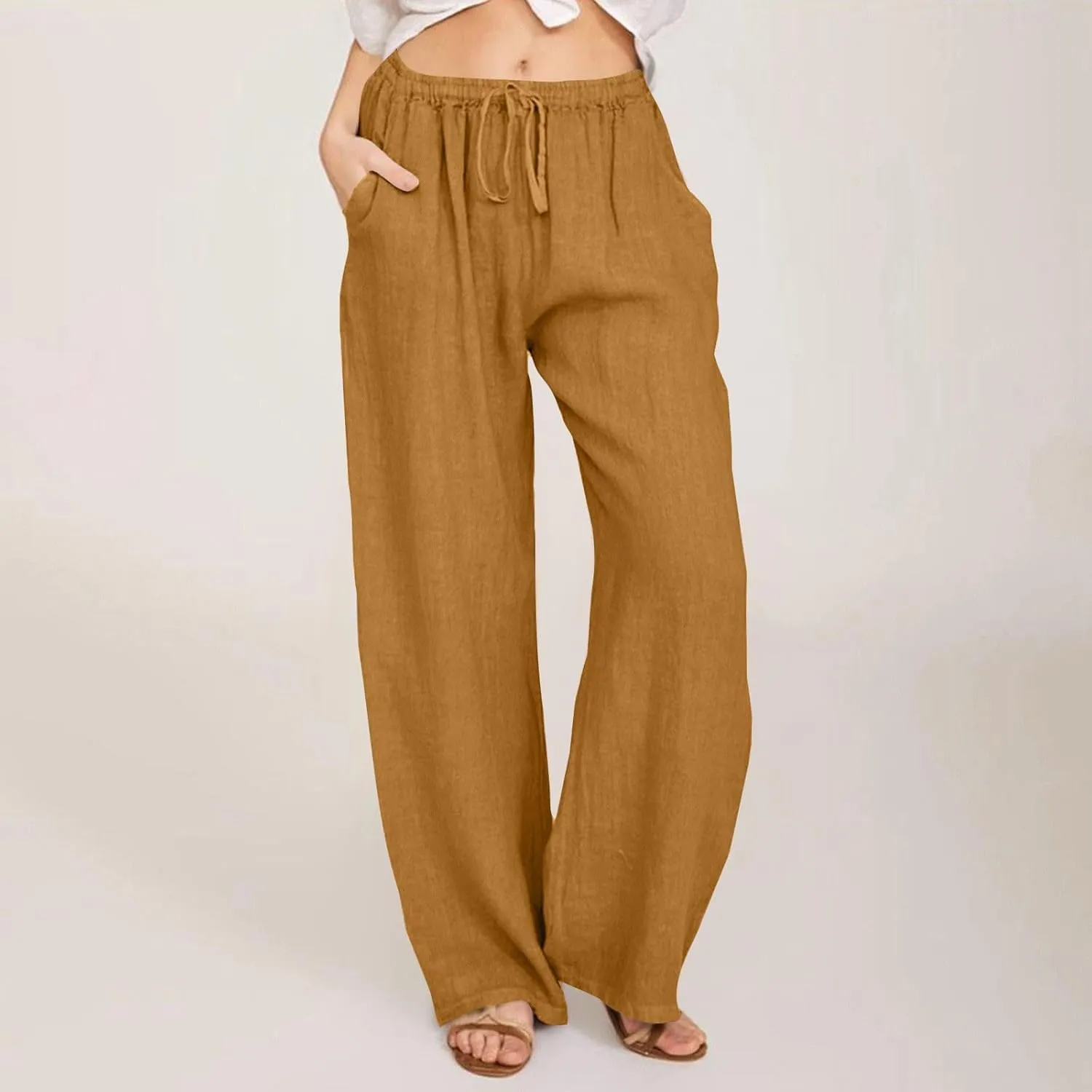 Womens Linen Pants 2025 Summer Beach Lounge Wide Leg Trousers Drawstring High Waisted Palazzo Pants with Pockets