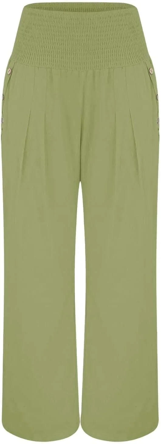 Womens Linen Pants 2025 Summer Trendy Wide Leg High Waist Palazzo Trousers Casual Smocked Flowy Beach Trousers