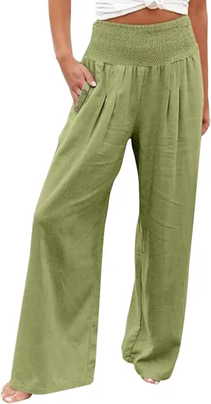 Womens Linen Pants 2025 Summer Trendy Wide Leg High Waist Palazzo Trousers Casual Smocked Flowy Beach Trousers