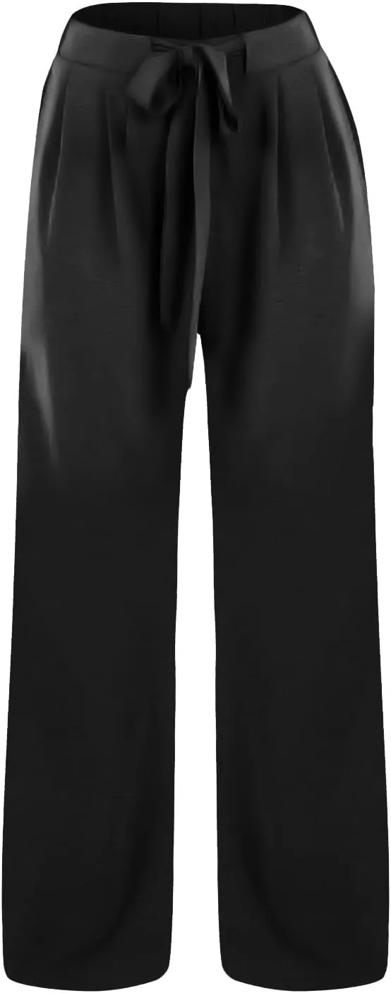 Womens Linene Cotton Pants Drawstring High Waisted Wide Leg Pant Flowy Baggy Summer Trousers with Pockets