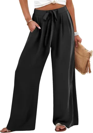 Womens Linene Cotton Pants Drawstring High Waisted Wide Leg Pant Flowy Baggy Summer Trousers with Pockets