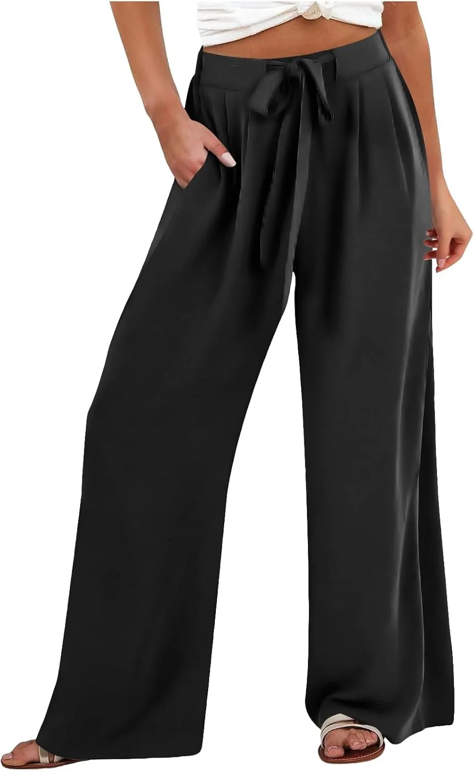 Womens Linene Cotton Pants Drawstring High Waisted Wide Leg Pant Flowy Baggy Summer Trousers with Pockets