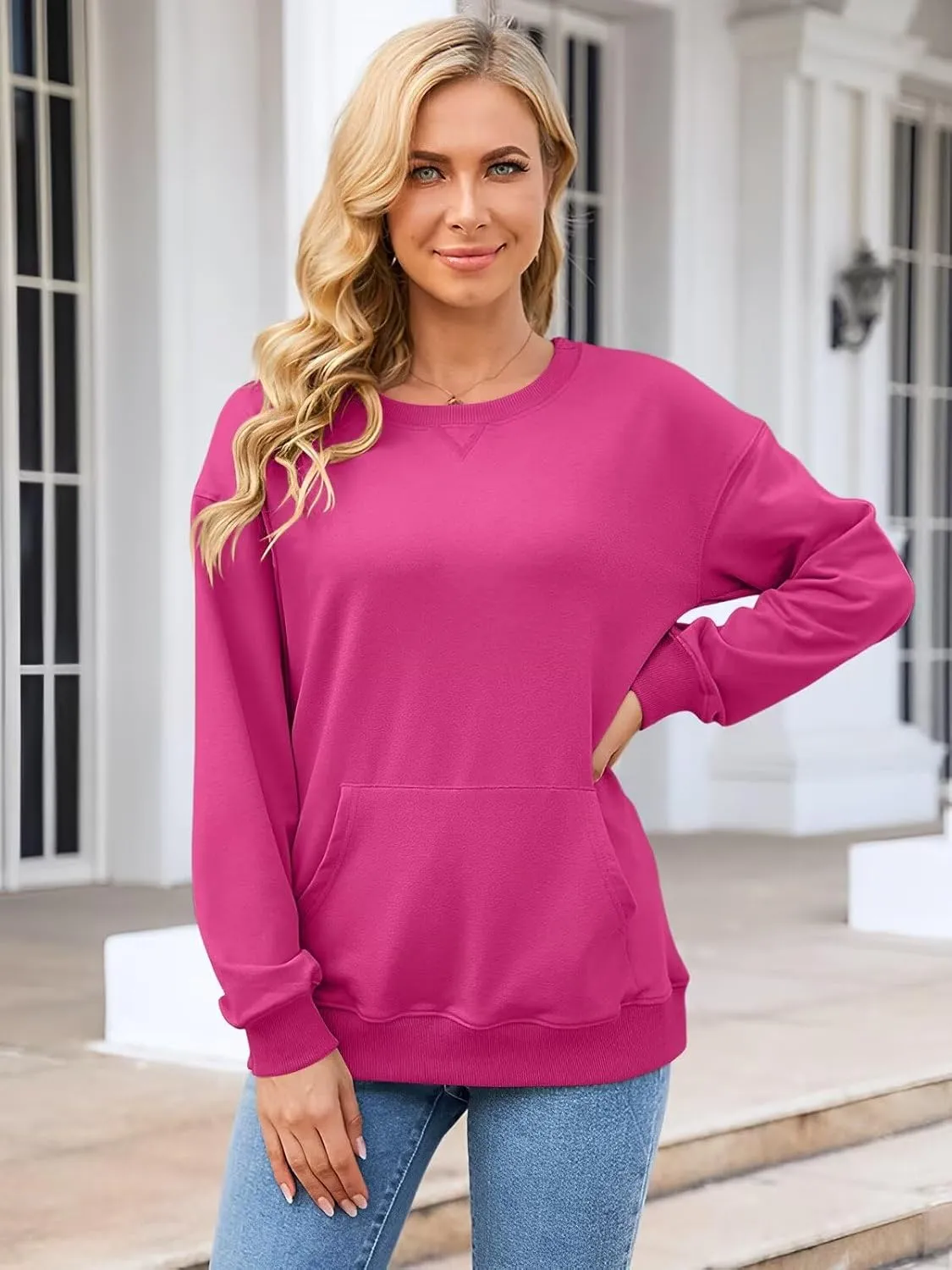 Womens Long Sleeve Sweatshirts Casual Crewneck Cute Pullover Tops Lightweight Sweatshirt with Pocket 2025