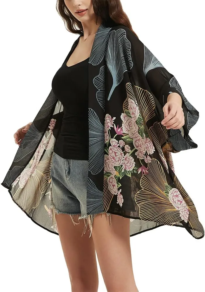 Women's Loose Print Sheer Chiffon Kimono Beach Swim Cover up Cardigan Capes Blouse Tops