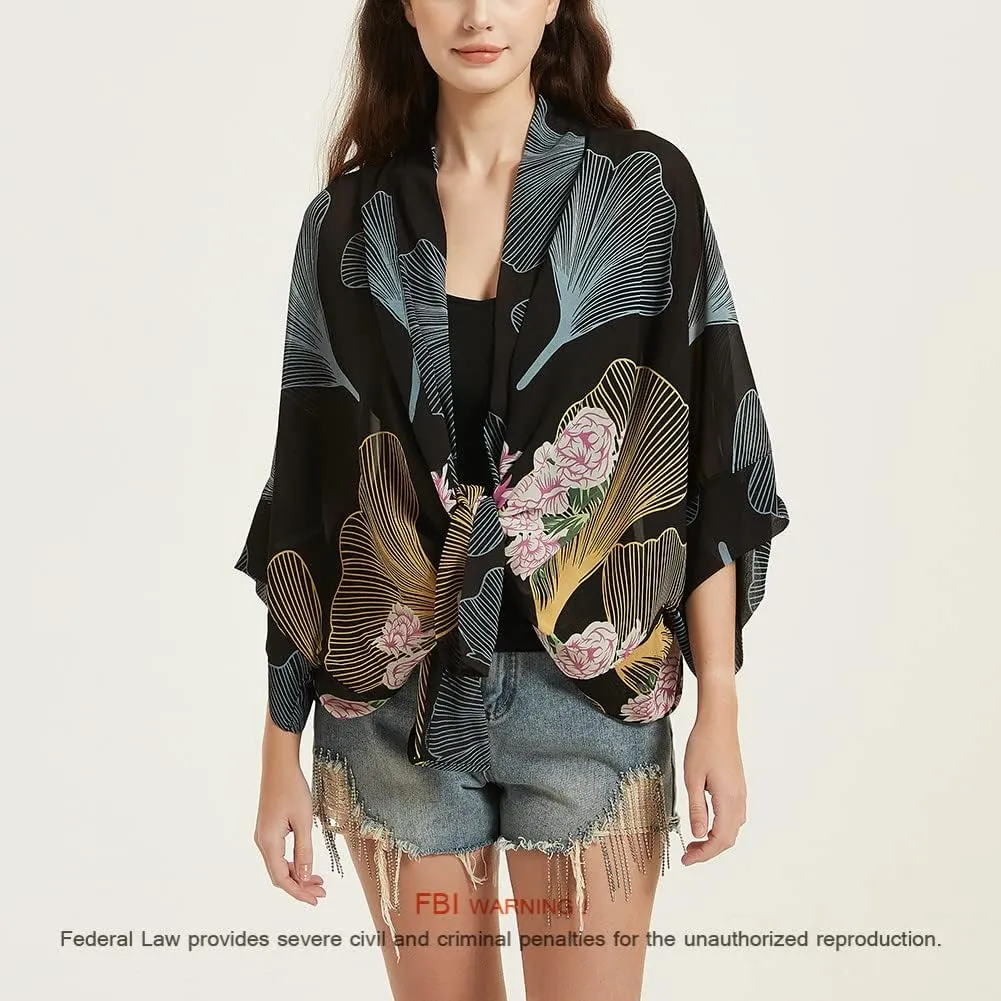 Women's Loose Print Sheer Chiffon Kimono Beach Swim Cover up Cardigan Capes Blouse Tops