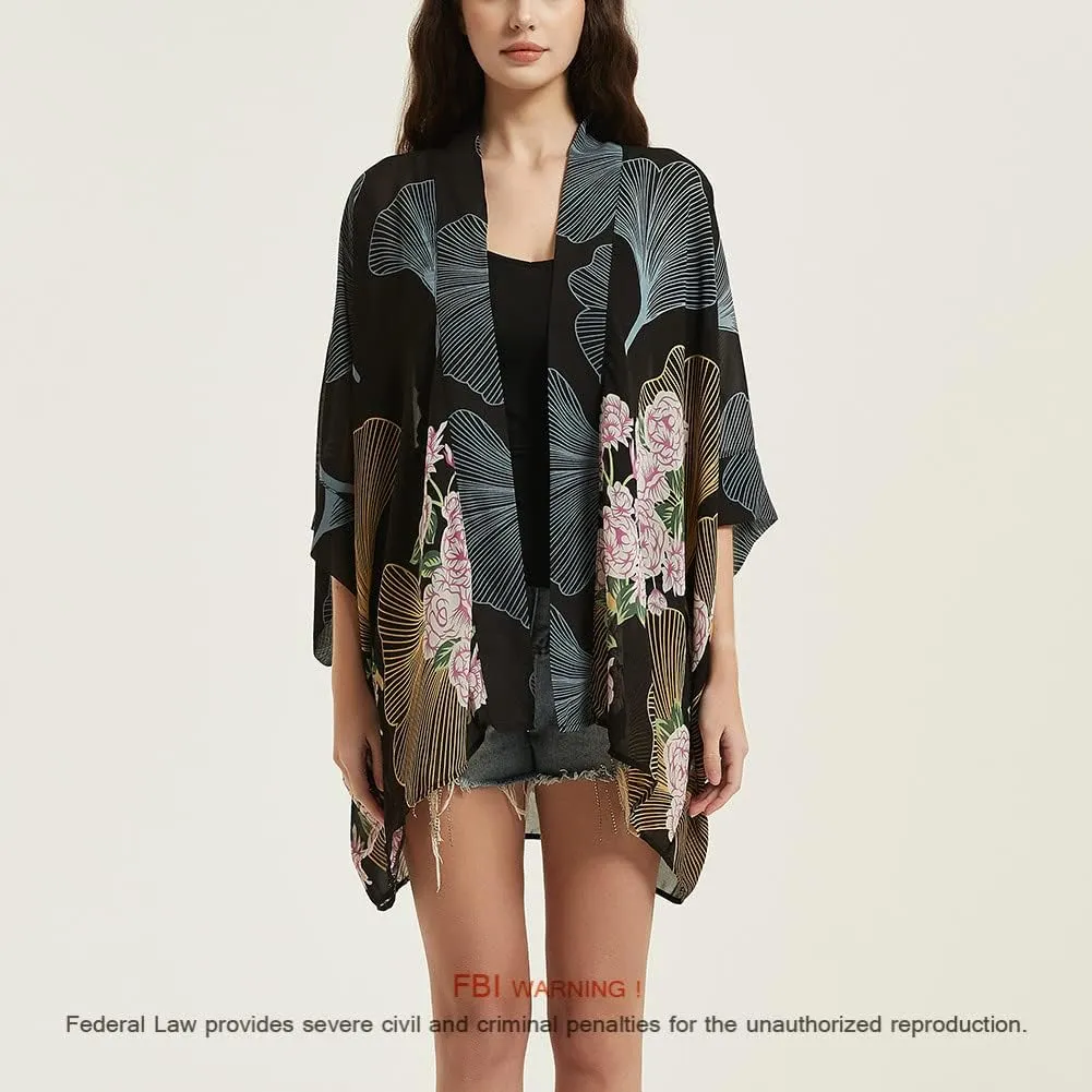 Women's Loose Print Sheer Chiffon Kimono Beach Swim Cover up Cardigan Capes Blouse Tops