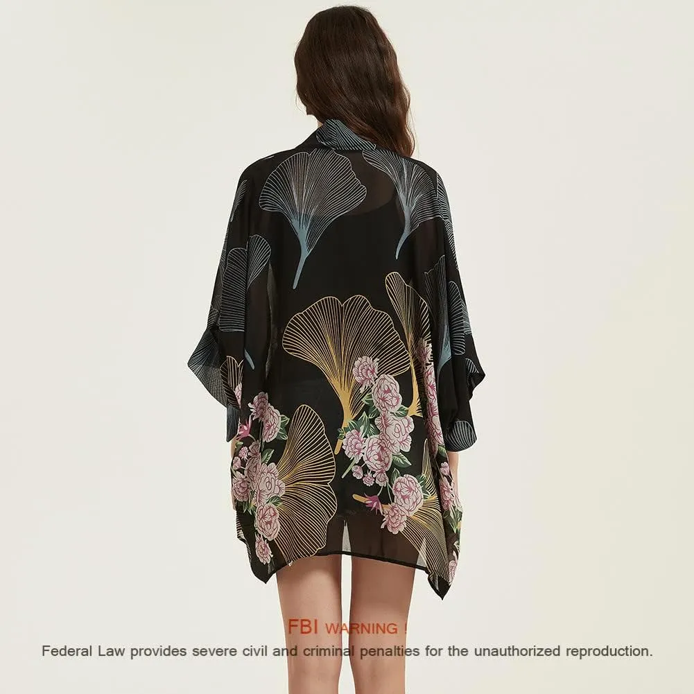Women's Loose Print Sheer Chiffon Kimono Beach Swim Cover up Cardigan Capes Blouse Tops