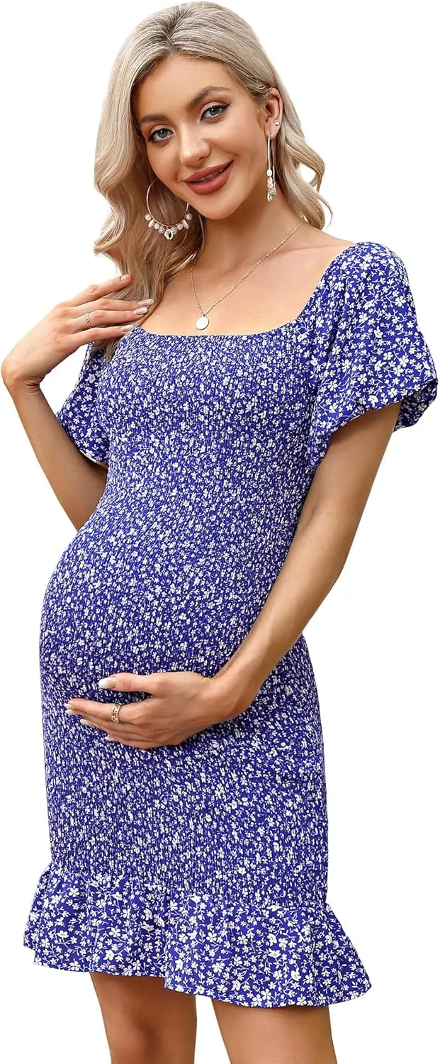 Women's Maternity Ruffle Hem Mermaid Baby Shower Dress Square Neck Puff Sleeve Off Shoulder Maternity Summer Dress