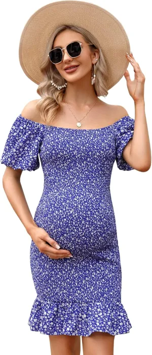 Women's Maternity Ruffle Hem Mermaid Baby Shower Dress Square Neck Puff Sleeve Off Shoulder Maternity Summer Dress