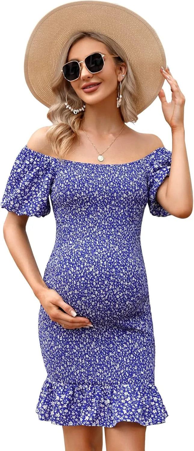Women's Maternity Ruffle Hem Mermaid Baby Shower Dress Square Neck Puff Sleeve Off Shoulder Maternity Summer Dress