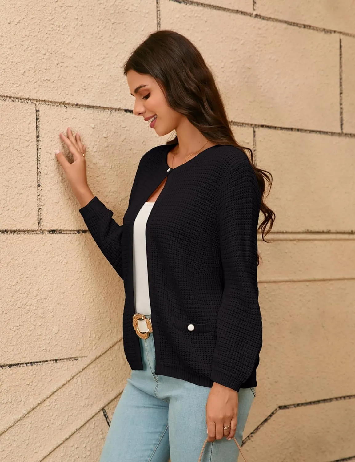 Women's Open Front Cardigan Sweater Thick Crewneck Causal Long Sleeve Knit Lady Coat