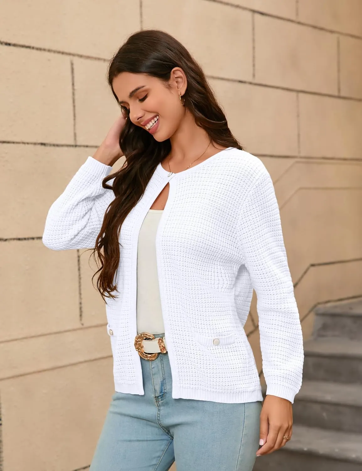 Women's Open Front Cardigan Sweater Thick Crewneck Causal Long Sleeve Knit Lady Coat