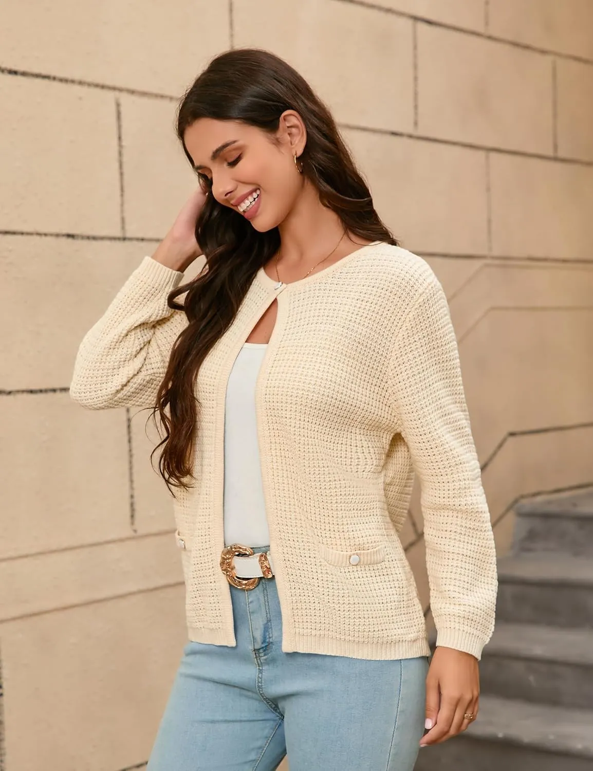 Women's Open Front Cardigan Sweater Thick Crewneck Causal Long Sleeve Knit Lady Coat