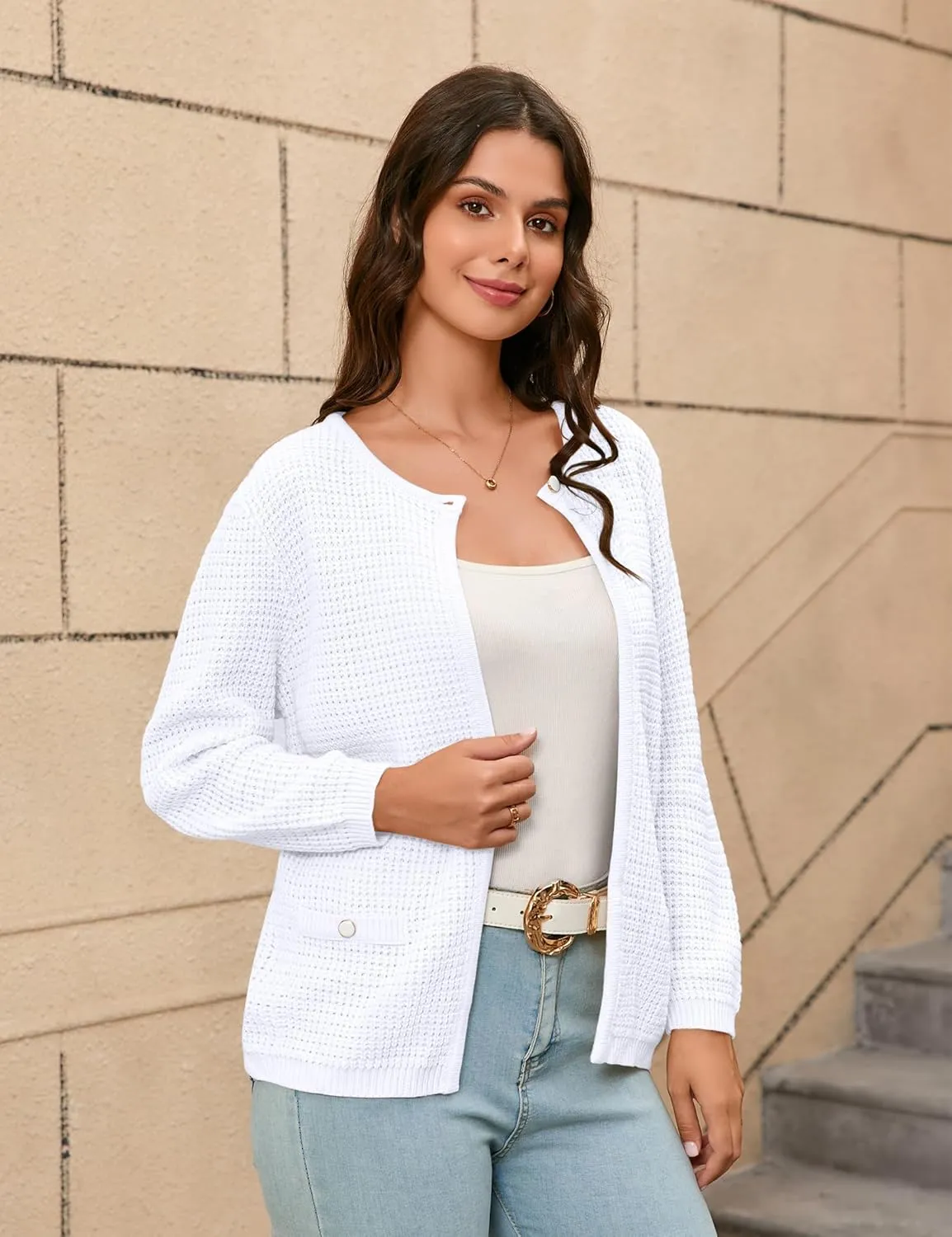 Women's Open Front Cardigan Sweater Thick Crewneck Causal Long Sleeve Knit Lady Coat