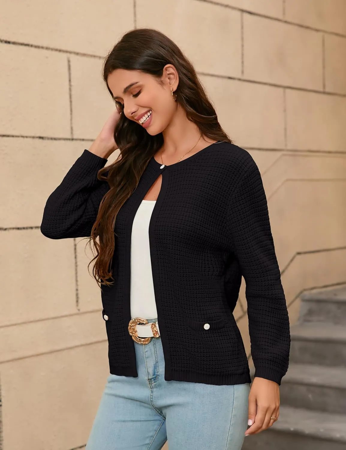 Women's Open Front Cardigan Sweater Thick Crewneck Causal Long Sleeve Knit Lady Coat