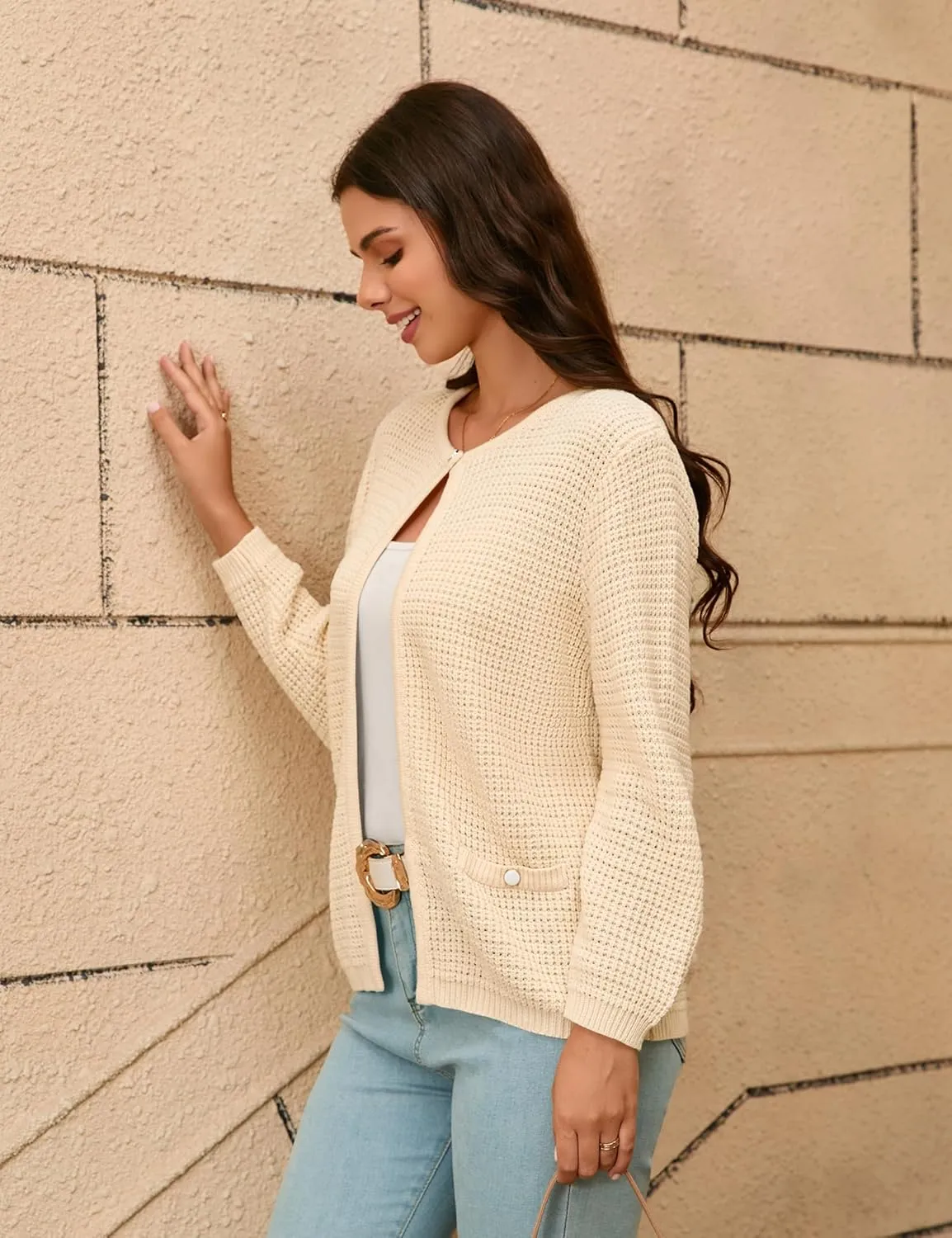 Women's Open Front Cardigan Sweater Thick Crewneck Causal Long Sleeve Knit Lady Coat