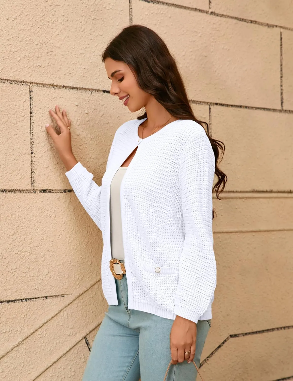 Women's Open Front Cardigan Sweater Thick Crewneck Causal Long Sleeve Knit Lady Coat