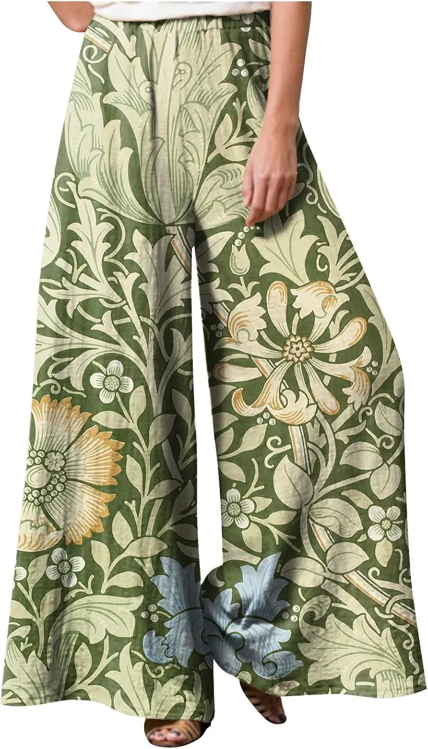Women's Palazzo Pants Wide Leg High Waisted Lounge Casual Beach Boho Pants Elastic Drawstring Wide Leg Flowy Pants