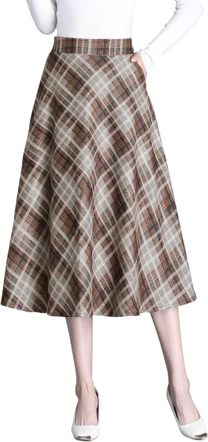 Womens Plaid Winter Long Skirt High Waist A-line Wool Pleated Skirt Elegant Midi Skirt