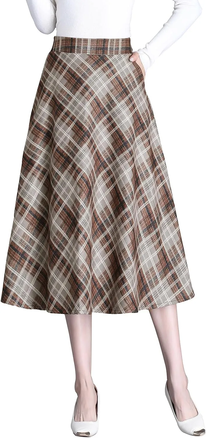 Womens Plaid Winter Long Skirt High Waist A-line Wool Pleated Skirt Elegant Midi Skirt