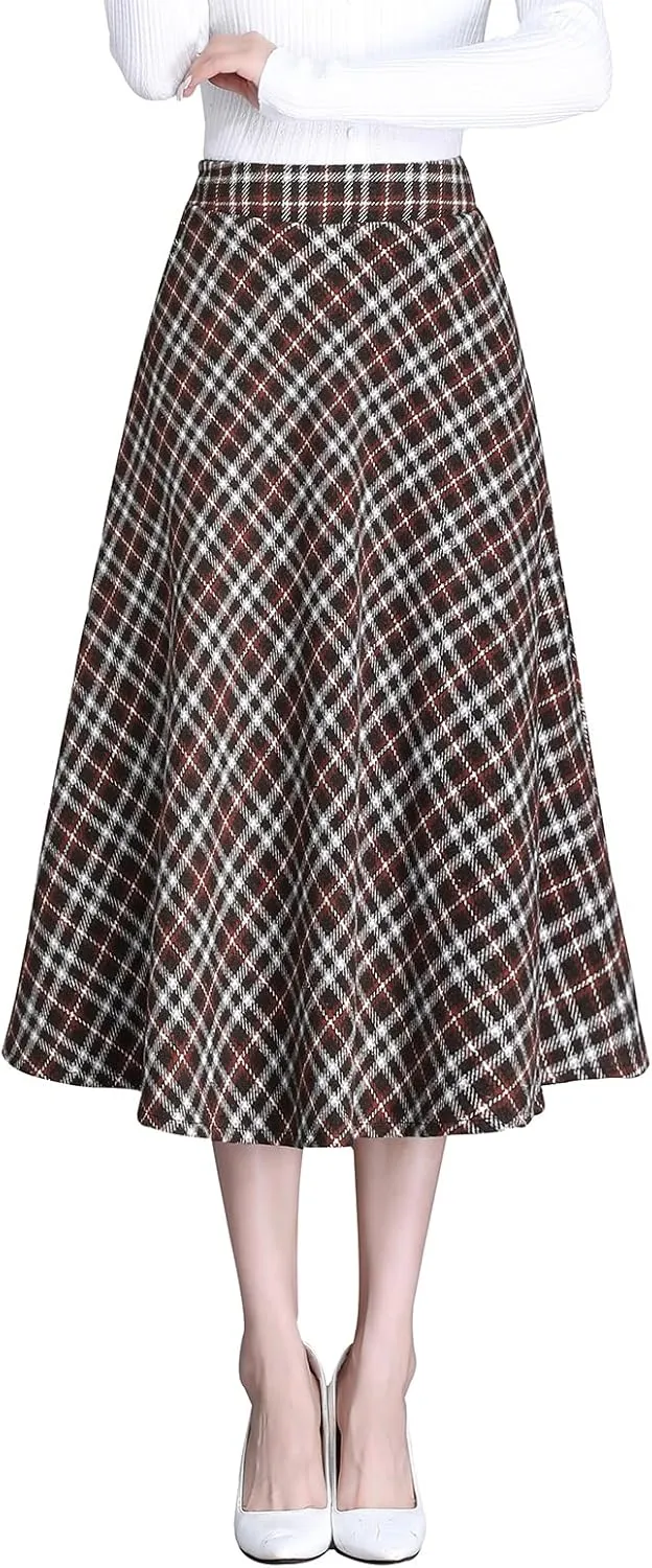 Womens Plaid Winter Long Skirt High Waist A-line Wool Pleated Skirt Elegant Midi Skirt