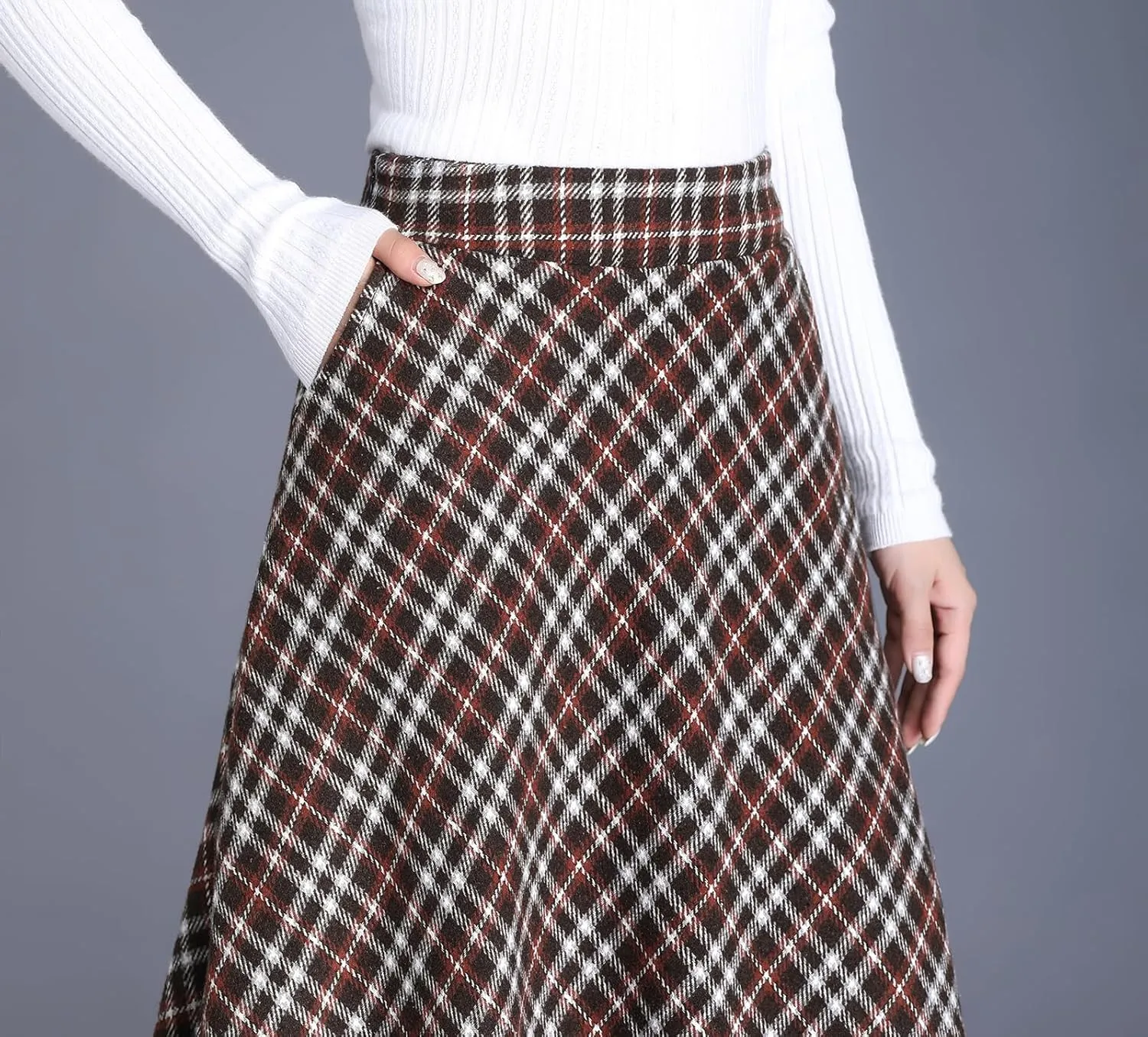 Womens Plaid Winter Long Skirt High Waist A-line Wool Pleated Skirt Elegant Midi Skirt