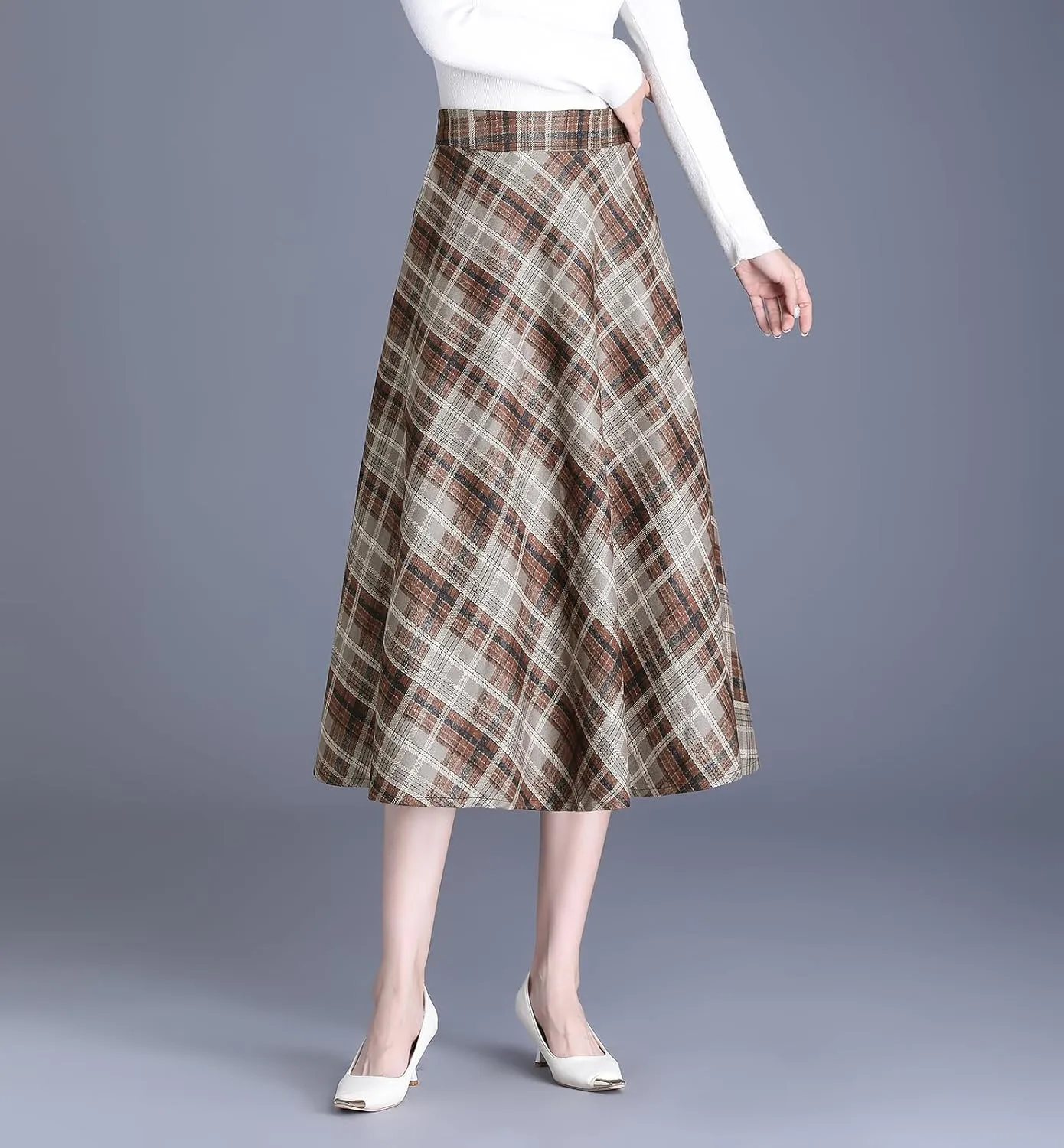 Womens Plaid Winter Long Skirt High Waist A-line Wool Pleated Skirt Elegant Midi Skirt