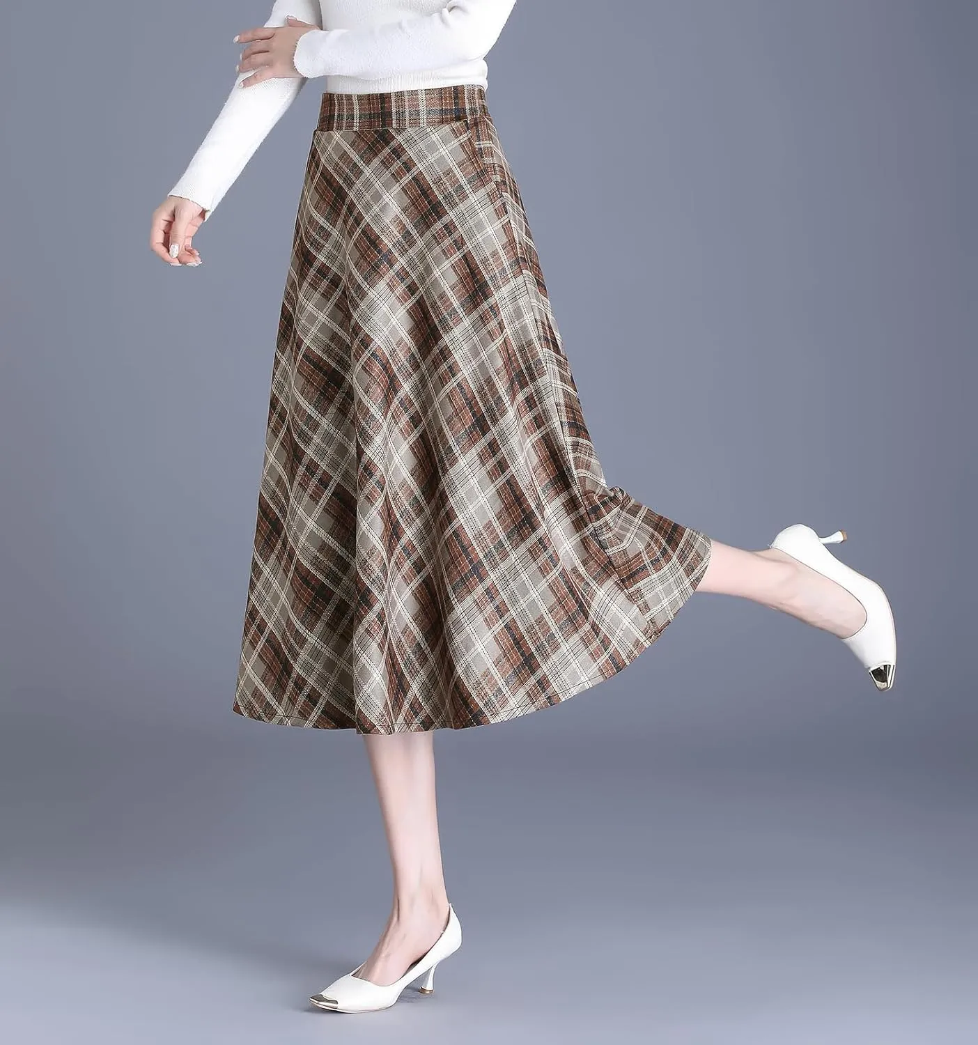 Womens Plaid Winter Long Skirt High Waist A-line Wool Pleated Skirt Elegant Midi Skirt