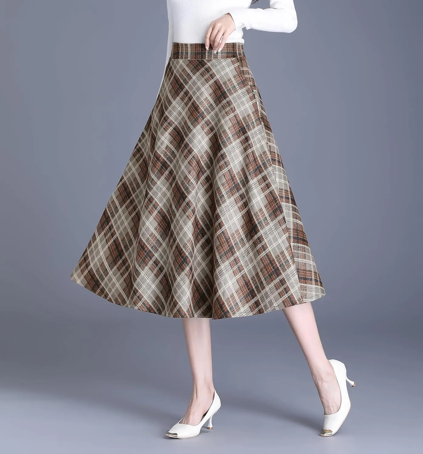 Womens Plaid Winter Long Skirt High Waist A-line Wool Pleated Skirt Elegant Midi Skirt