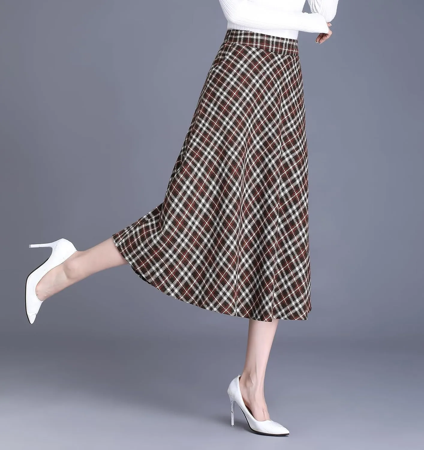 Womens Plaid Winter Long Skirt High Waist A-line Wool Pleated Skirt Elegant Midi Skirt
